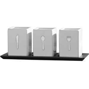 Towle Living 3-piece ceramic trolley with wooden tray, white, black